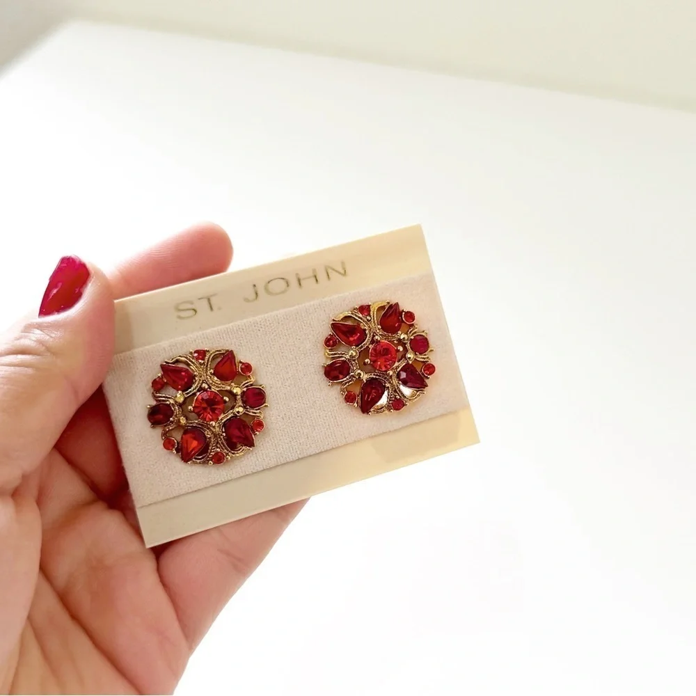 St. John Designer Vintage 1990 NWT Ruby Red and Gold Clip-On Earrings
